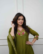 Olive Green Embroidered Anarkali Set with Dupatta - DevishaFashion