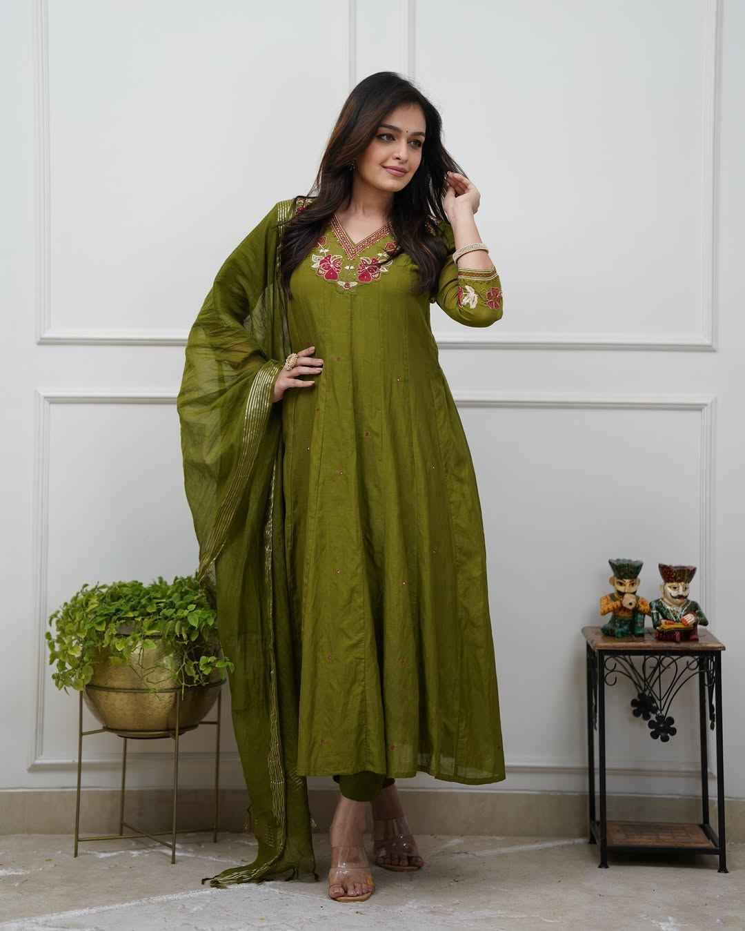 Olive Green Embroidered Anarkali Set with Dupatta - DevishaFashion