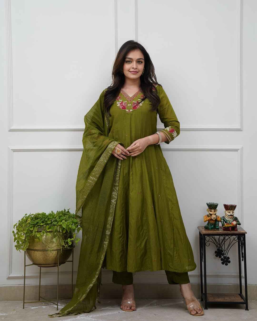 Olive Green Embroidered Anarkali Set with Dupatta - DevishaFashion