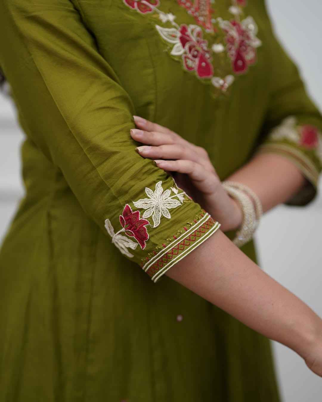Olive Green Embroidered Anarkali Set with Dupatta - DevishaFashion
