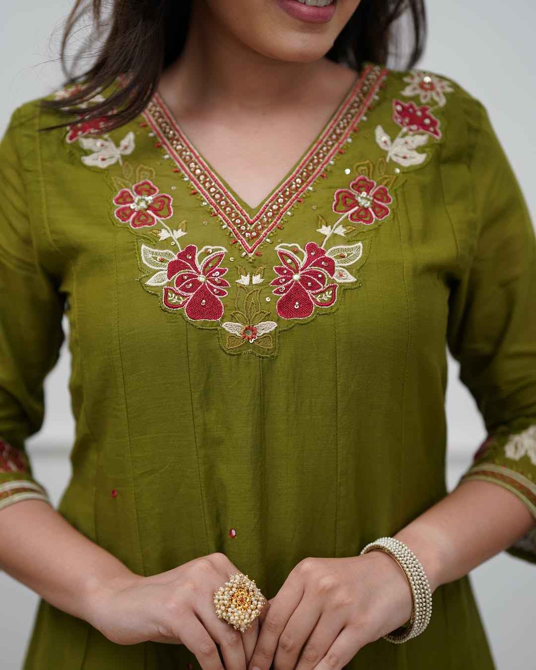 Olive Green Embroidered Anarkali Set with Dupatta - DevishaFashion