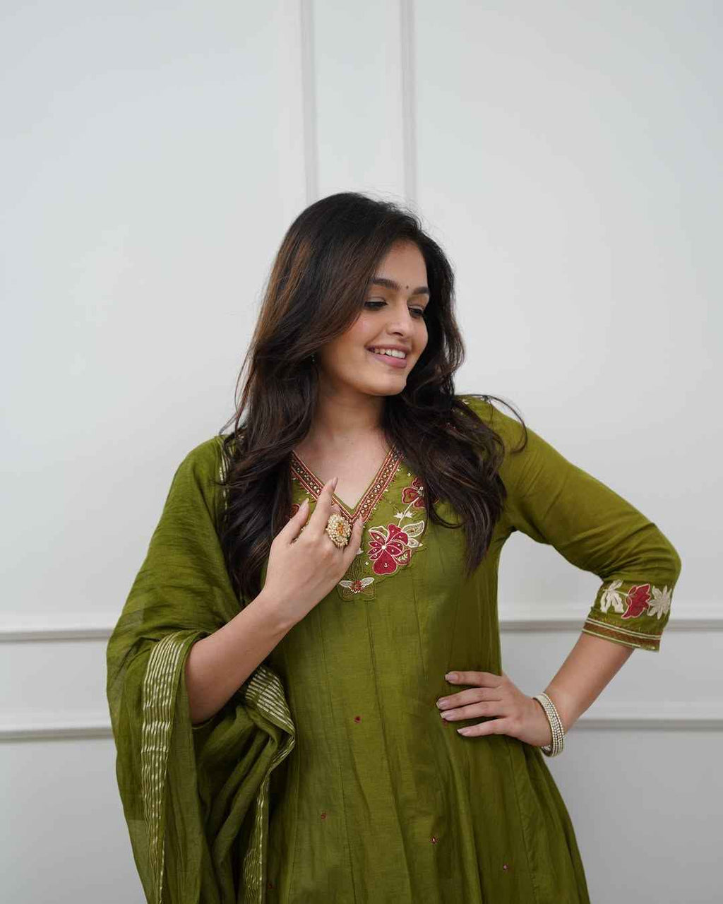 Olive Green Embroidered Anarkali Set with Dupatta - DevishaFashion