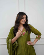 Olive Green Embroidered Anarkali Set with Dupatta - DevishaFashion