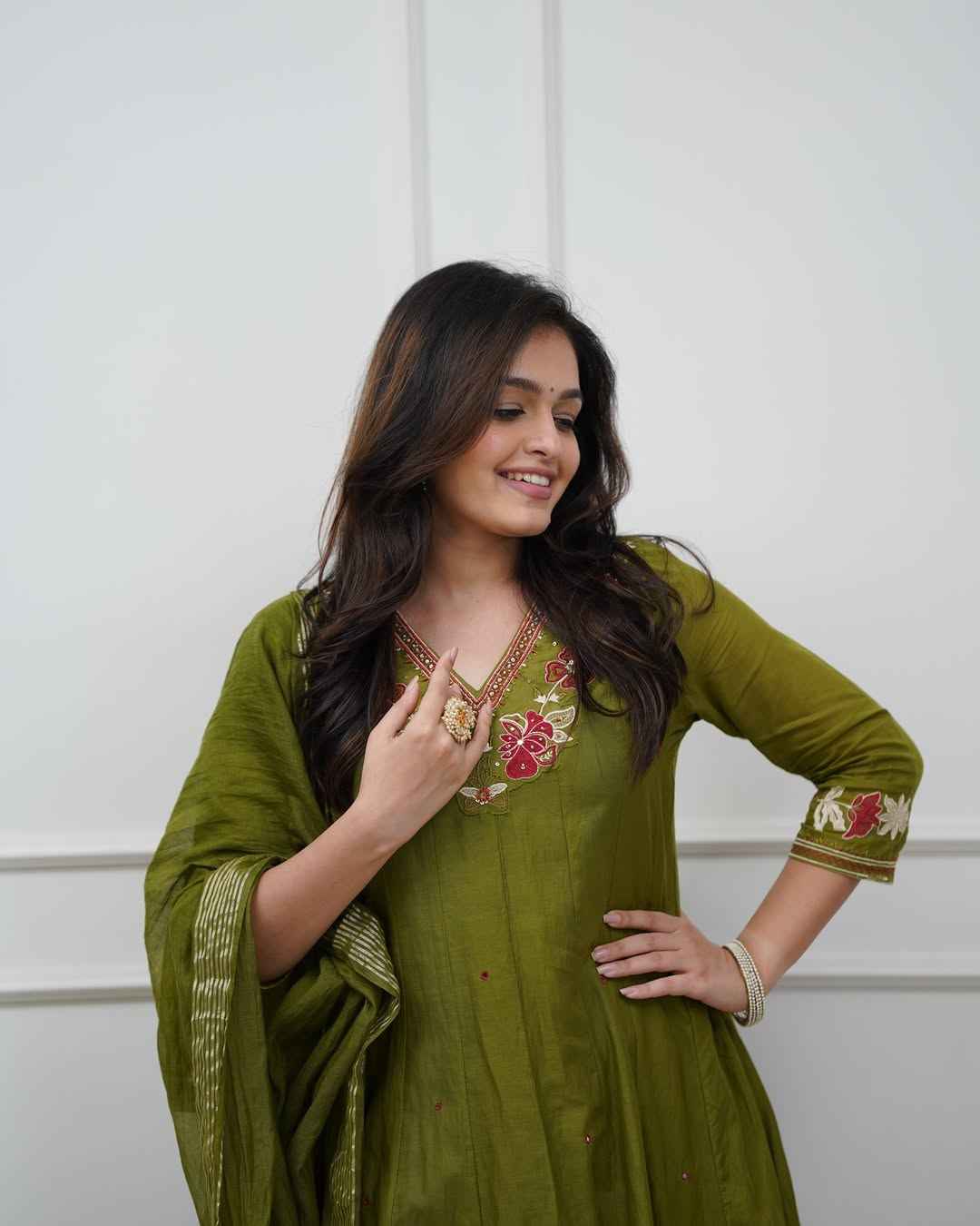 Olive Green Embroidered Anarkali Set with Dupatta - DevishaFashion