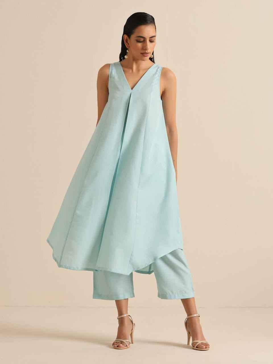 Powder Blue Flared Tunic Co-ord Set - DevishaFashion