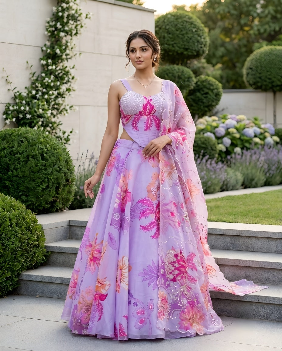 Designer Pure Organza Digital Print Lehenga Choli Set with Embroidered Corset Blouse