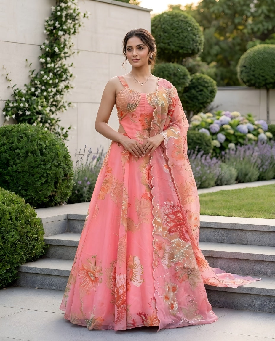 Designer Pure Organza Digital Print Lehenga Choli Set with Embroidered Corset Blouse