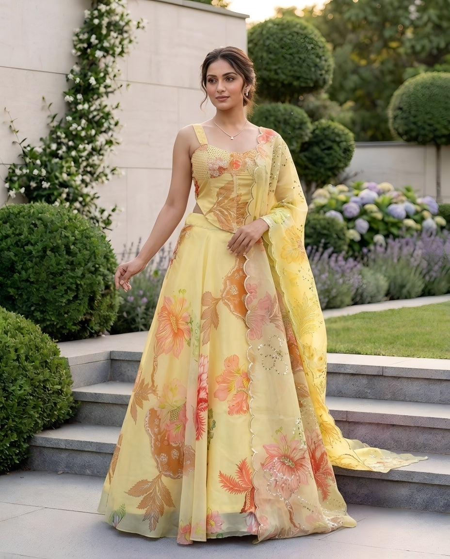 Designer Pure Organza Digital Print Lehenga Choli Set with Embroidered Corset Blouse