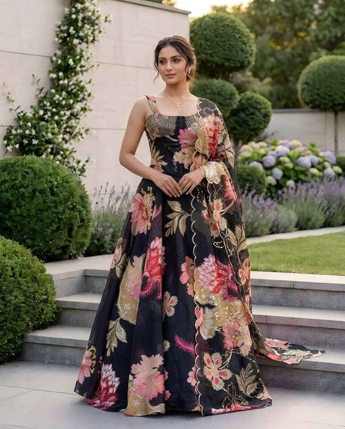 Designer Pure Organza Digital Print Lehenga Choli Set with Embroidered Corset Blouse