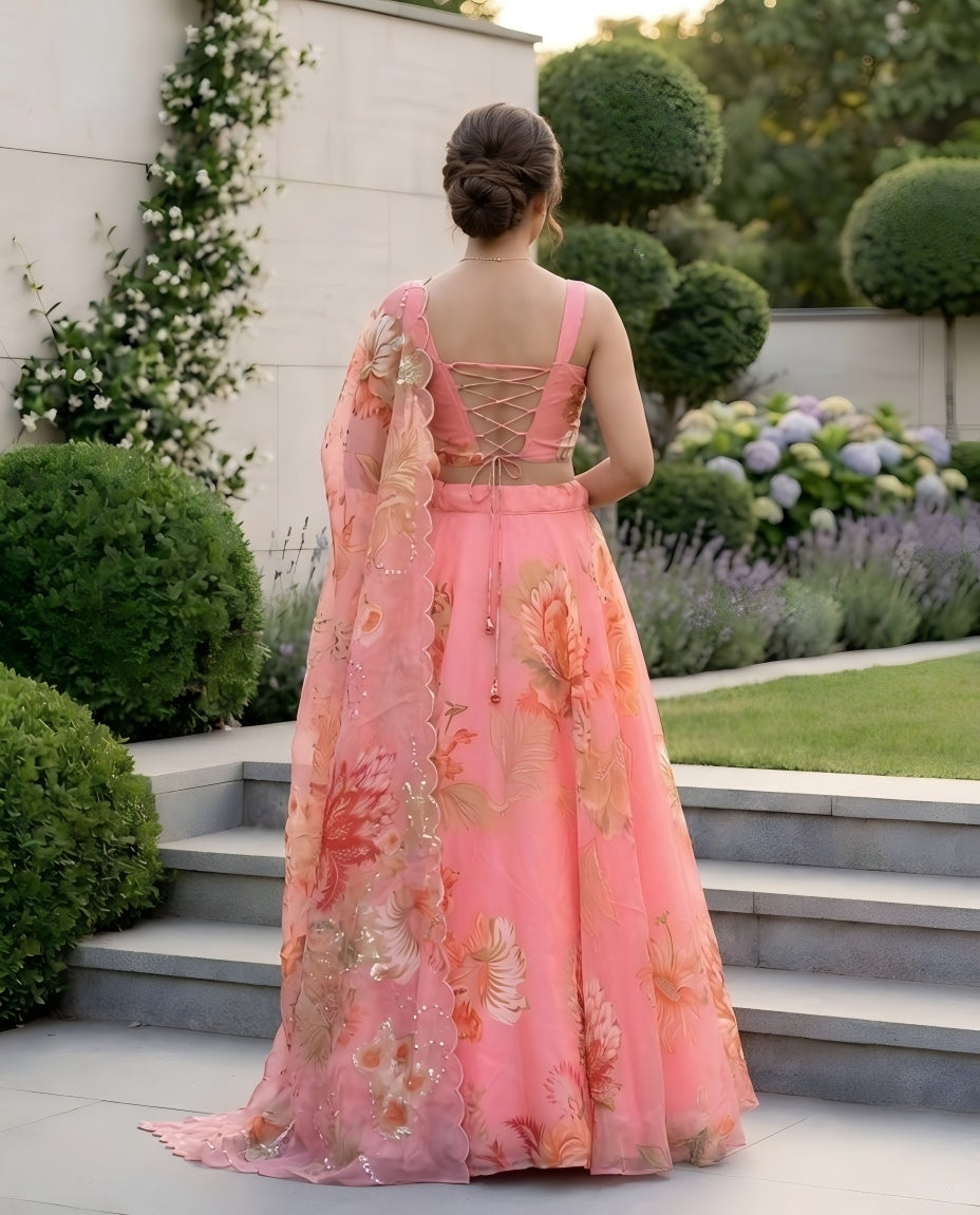 Designer Pure Organza Digital Print Lehenga Choli Set with Embroidered Corset Blouse