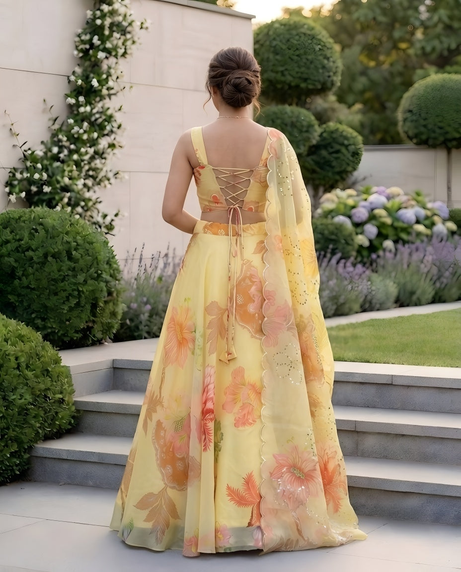Designer Pure Organza Digital Print Lehenga Choli Set with Embroidered Corset Blouse
