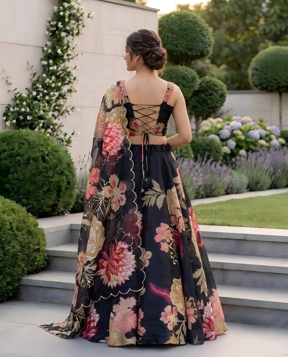 Designer Pure Organza Digital Print Lehenga Choli Set with Embroidered Corset Blouse