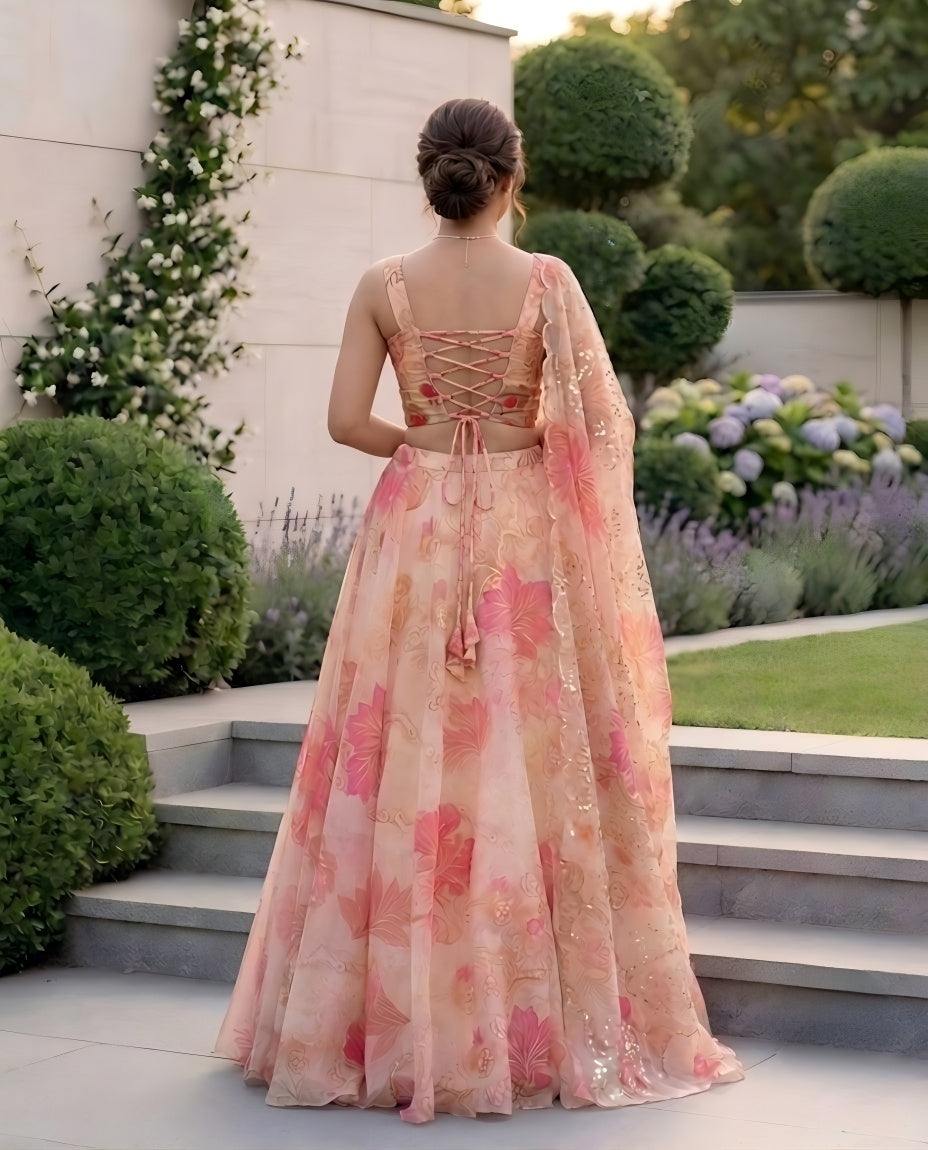 Designer Pure Organza Digital Print Lehenga Choli Set with Embroidered Corset Blouse