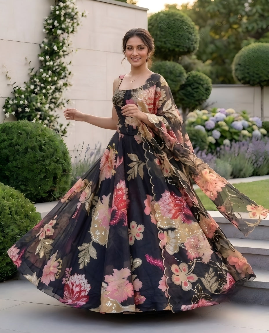 Designer Pure Organza Digital Print Lehenga Choli Set with Embroidered Corset Blouse