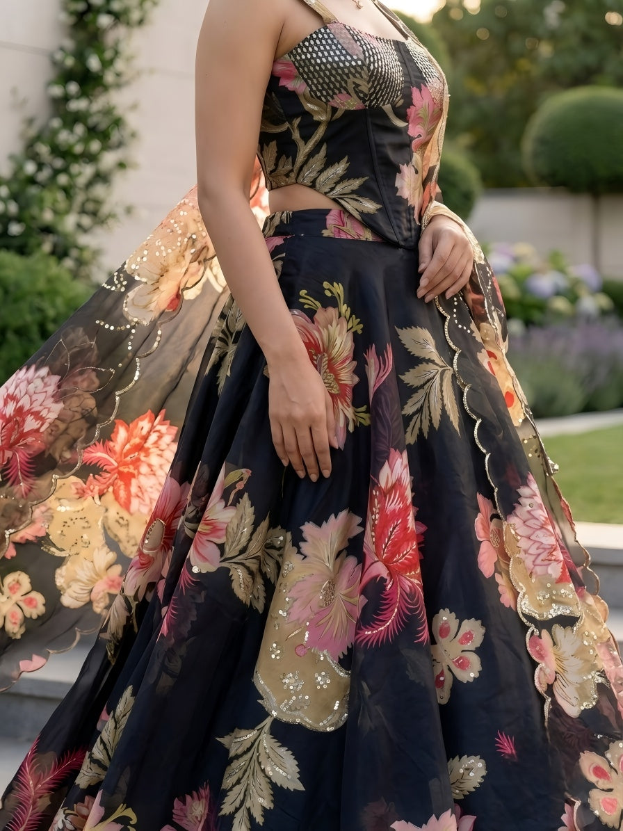 Designer Pure Organza Digital Print Lehenga Choli Set with Embroidered Corset Blouse