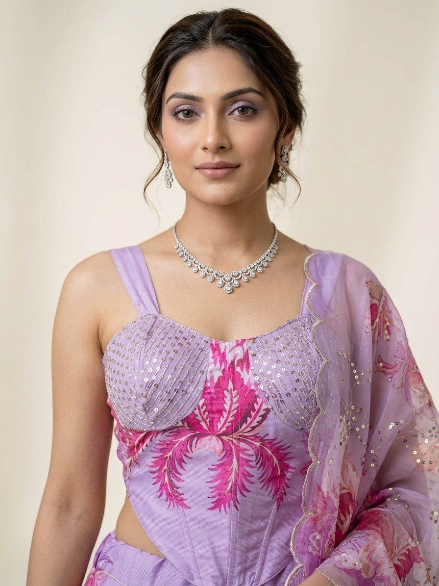 Designer Pure Organza Digital Print Lehenga Choli Set with Embroidered Corset Blouse