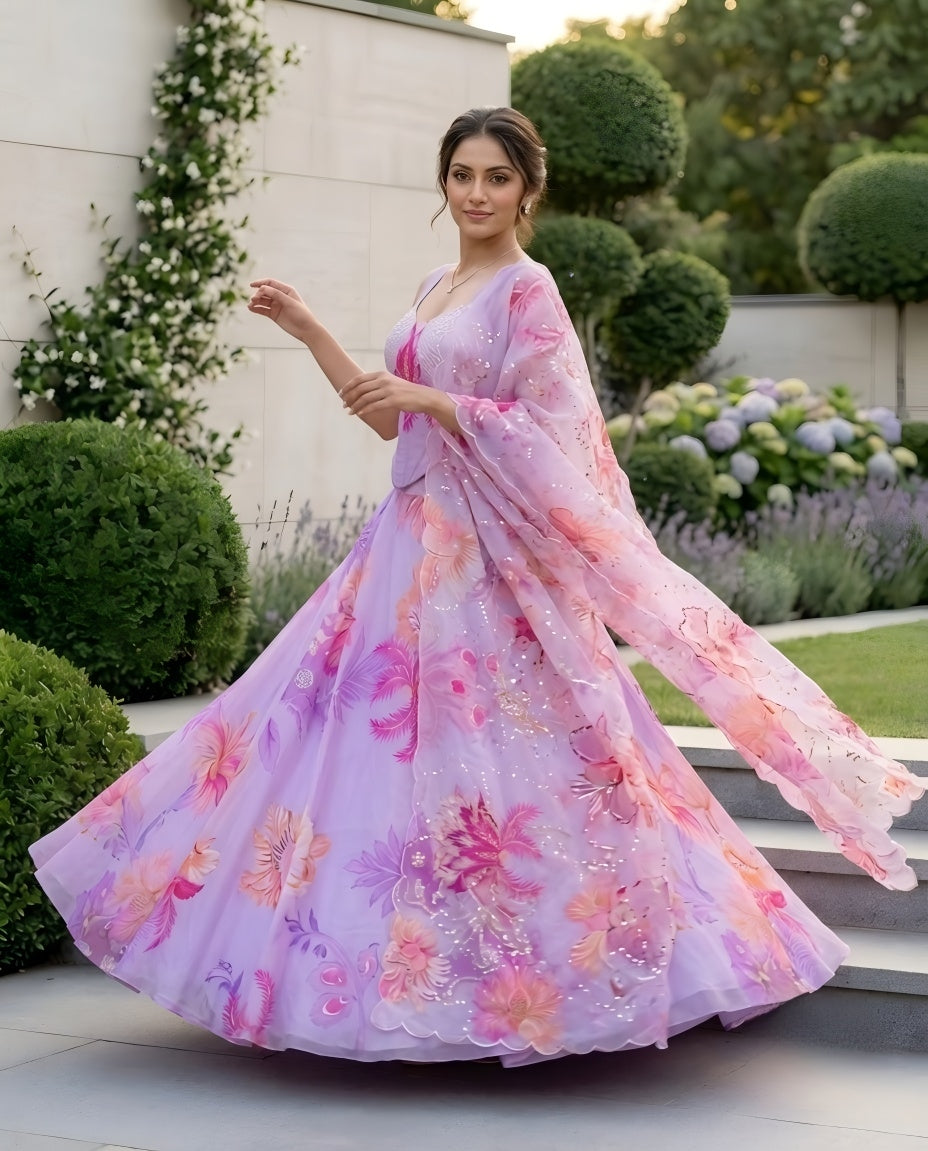 Designer Pure Organza Digital Print Lehenga Choli Set with Embroidered Corset Blouse