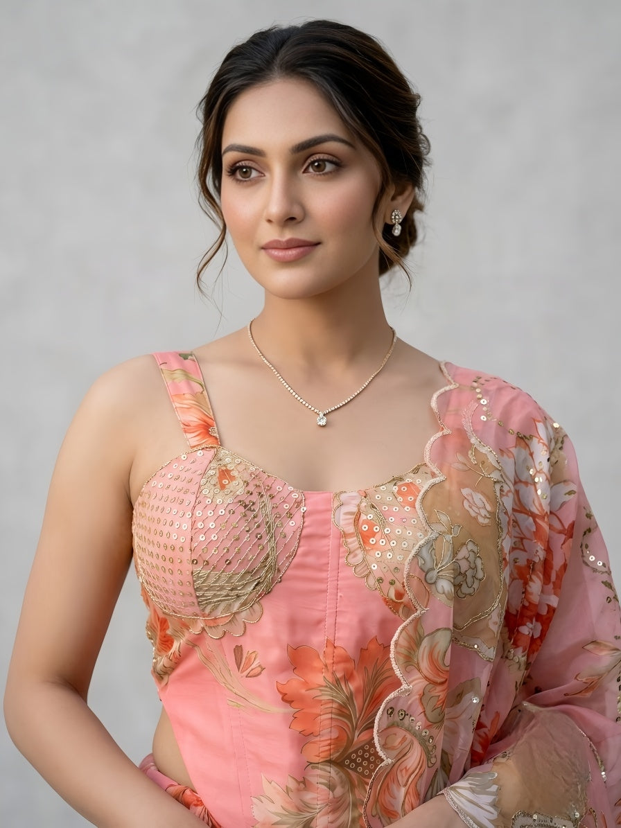 Designer Pure Organza Digital Print Lehenga Choli Set with Embroidered Corset Blouse