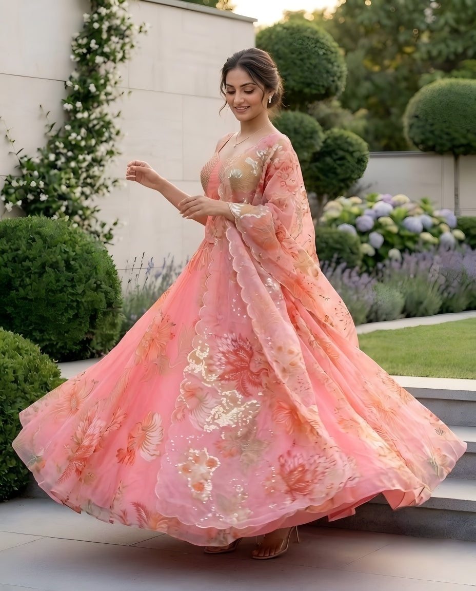 Designer Pure Organza Digital Print Lehenga Choli Set with Embroidered Corset Blouse
