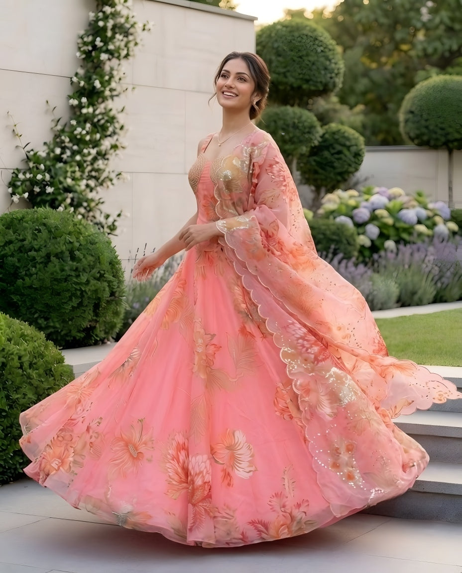 Designer Pure Organza Digital Print Lehenga Choli Set with Embroidered Corset Blouse