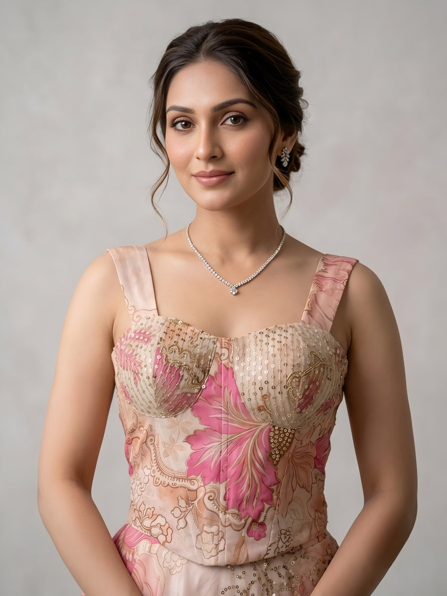 Designer Pure Organza Digital Print Lehenga Choli Set with Embroidered Corset Blouse