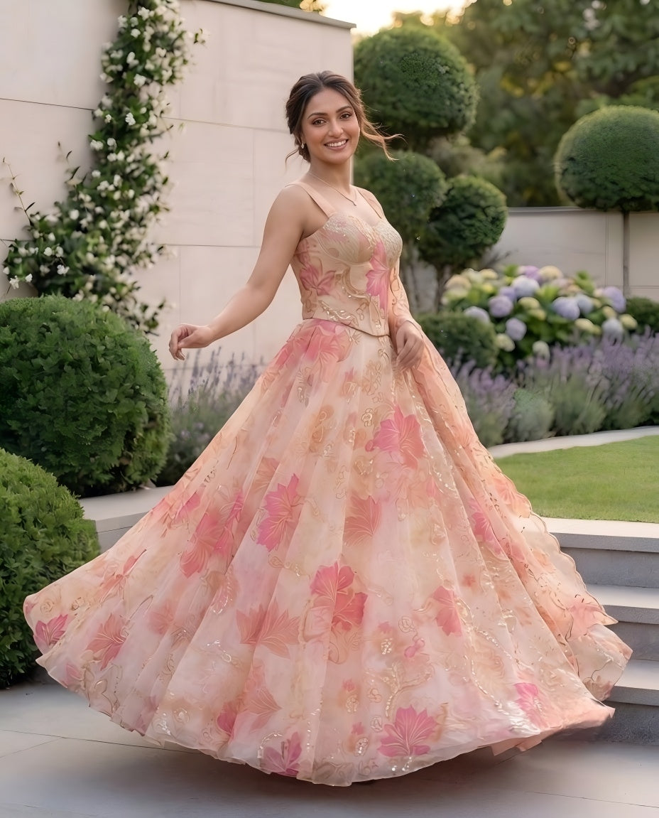 Designer Pure Organza Digital Print Lehenga Choli Set with Embroidered Corset Blouse