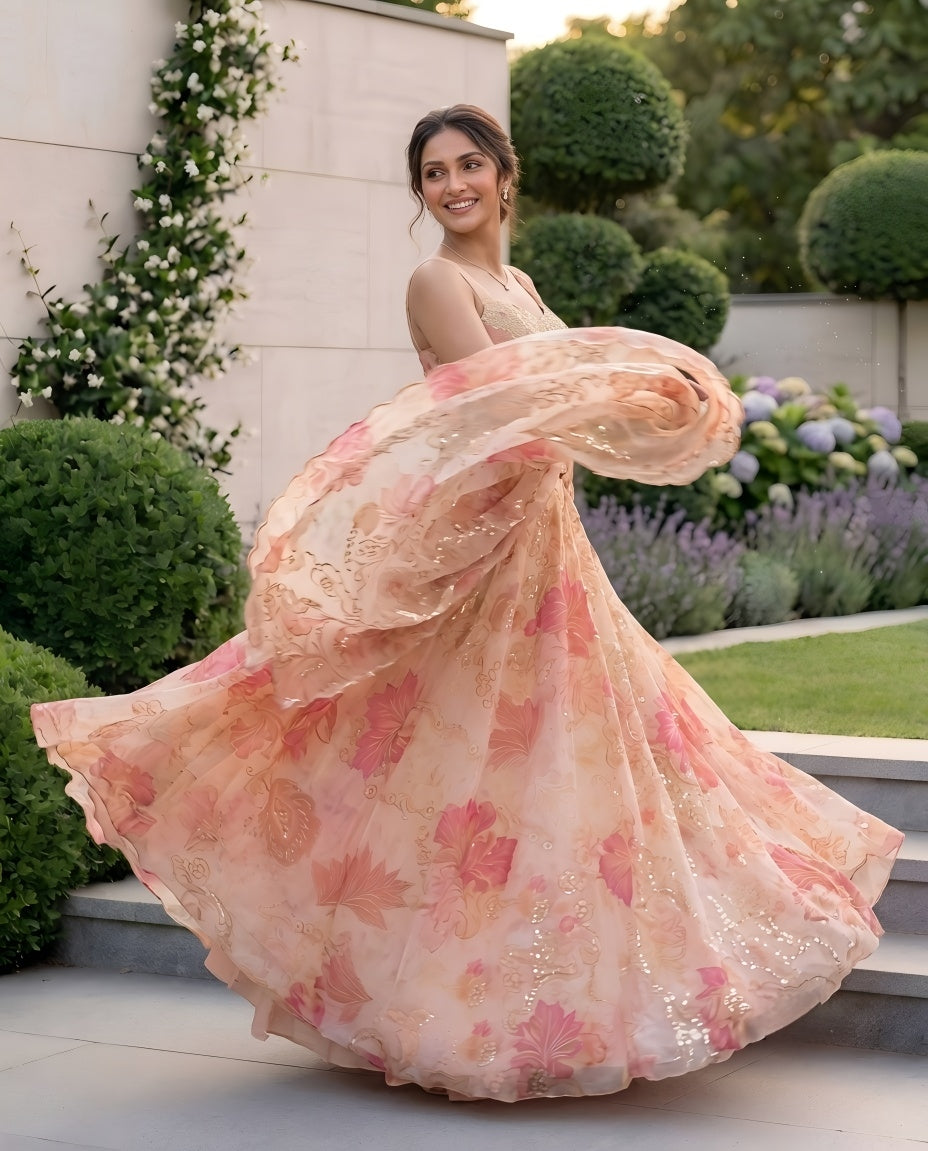 Designer Pure Organza Digital Print Lehenga Choli Set with Embroidered Corset Blouse