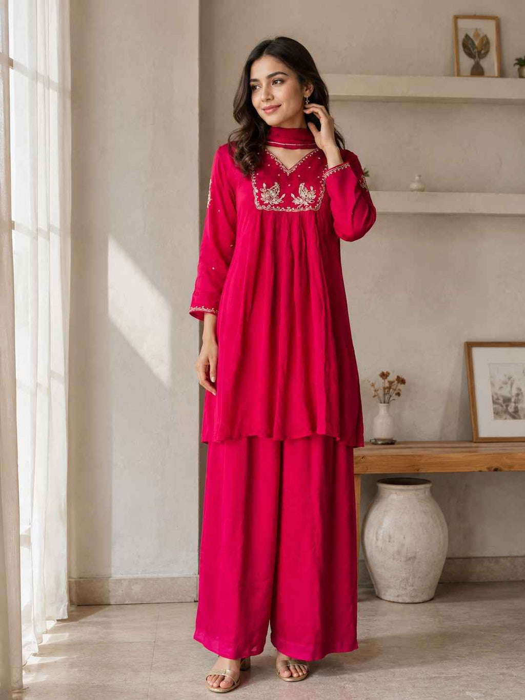 Elegant Fuchsia Embroidered Kurta Palazzo Set with Dupatta