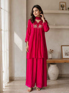 Elegant Fuchsia Embroidered Kurta Palazzo Set with Dupatta
