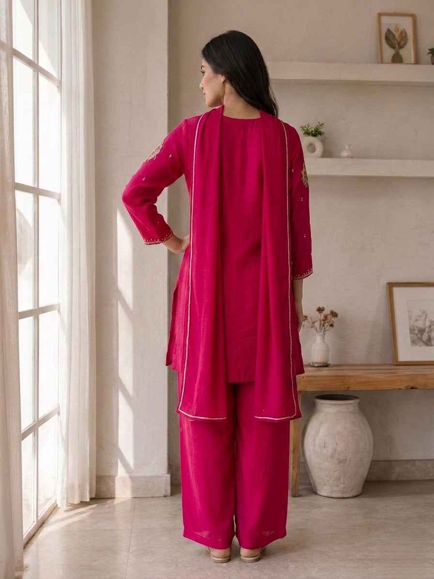 Elegant Fuchsia Embroidered Kurta Palazzo Set with Dupatta