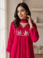 Elegant Fuchsia Embroidered Kurta Palazzo Set with Dupatta