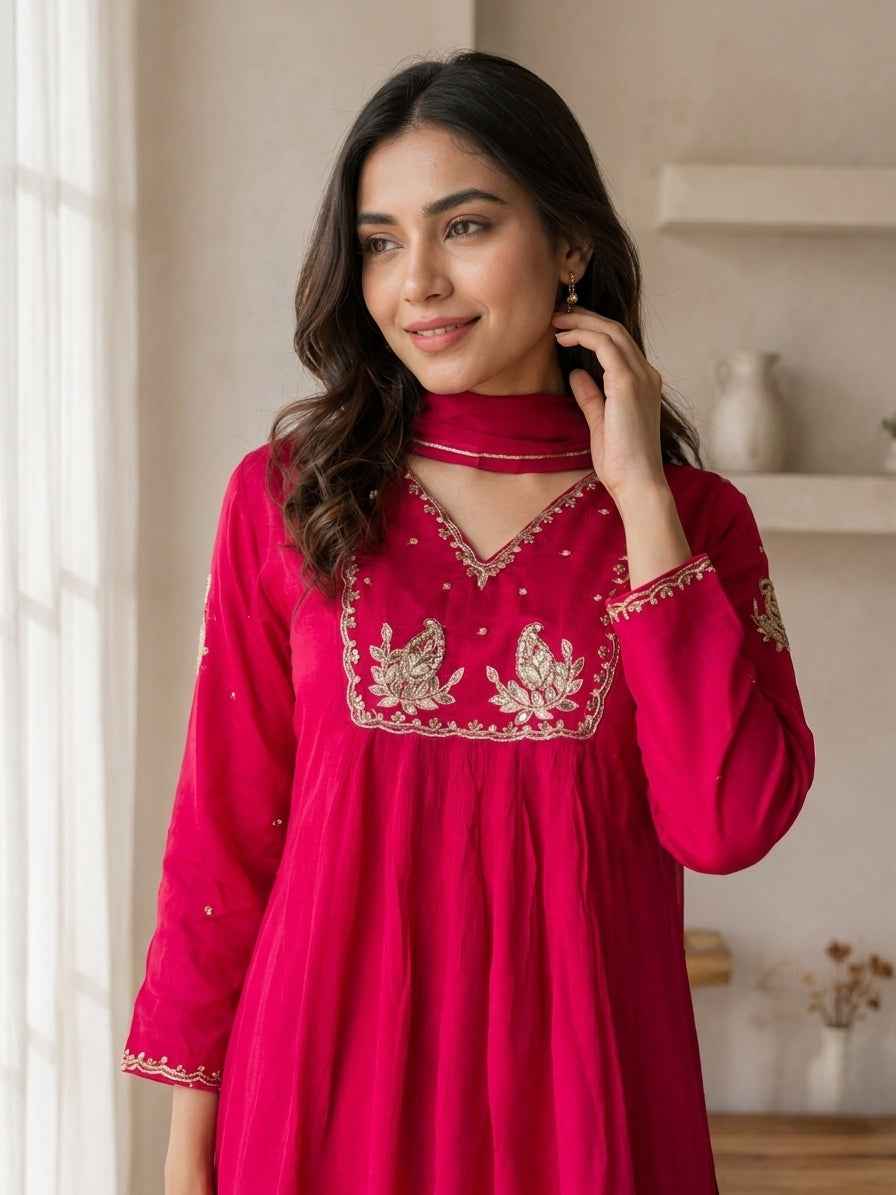 Elegant Fuchsia Embroidered Kurta Palazzo Set with Dupatta