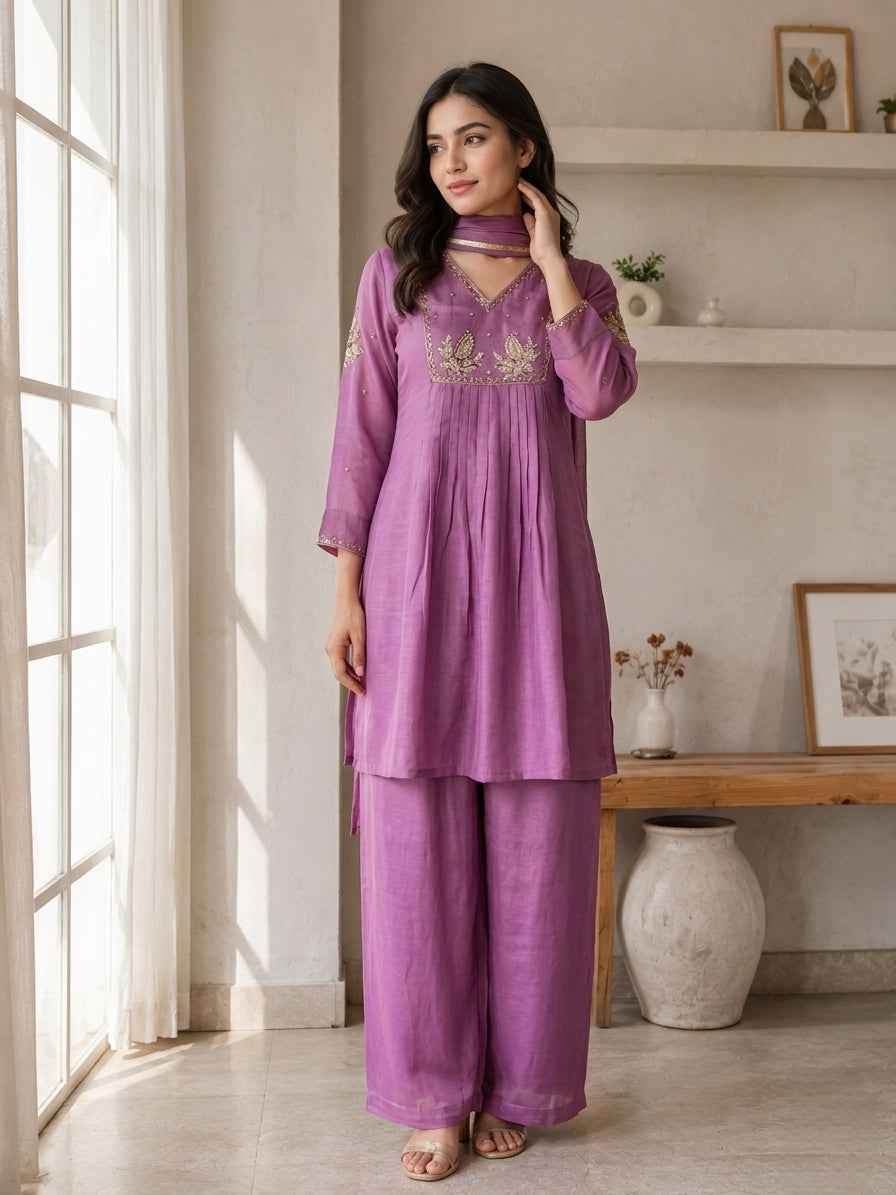 Elegant Lavender Embroidered Kurta Palazzo Set with Dupatta