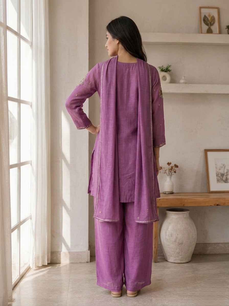 Elegant Lavender Embroidered Kurta Palazzo Set with Dupatta