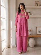 Elegant Dusty Rose Embroidered Kurta Palazzo Set with Dupatta
