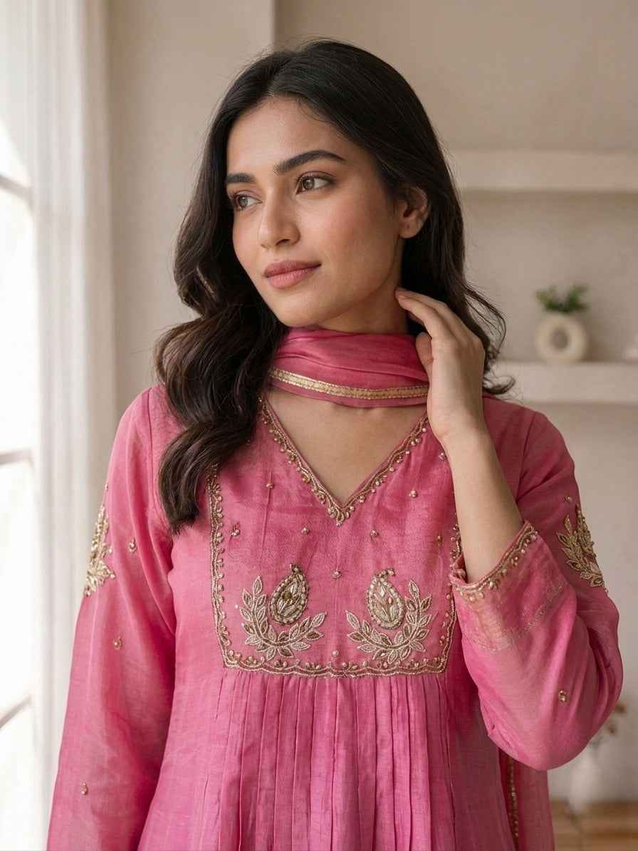 Elegant Dusty Rose Embroidered Kurta Palazzo Set with Dupatta