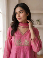Elegant Dusty Rose Embroidered Kurta Palazzo Set with Dupatta