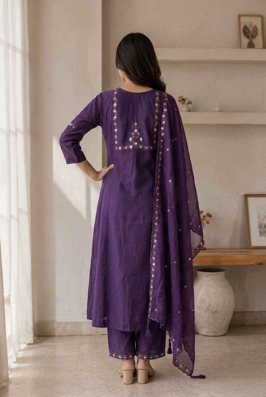 Elegant Deep Purple Embroidered Kurta Pant Set with Dupatta