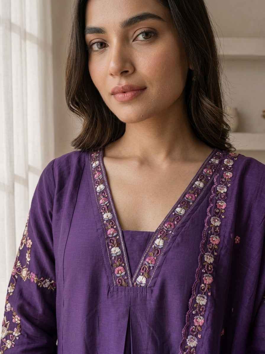 Elegant Deep Purple Embroidered Kurta Pant Set with Dupatta