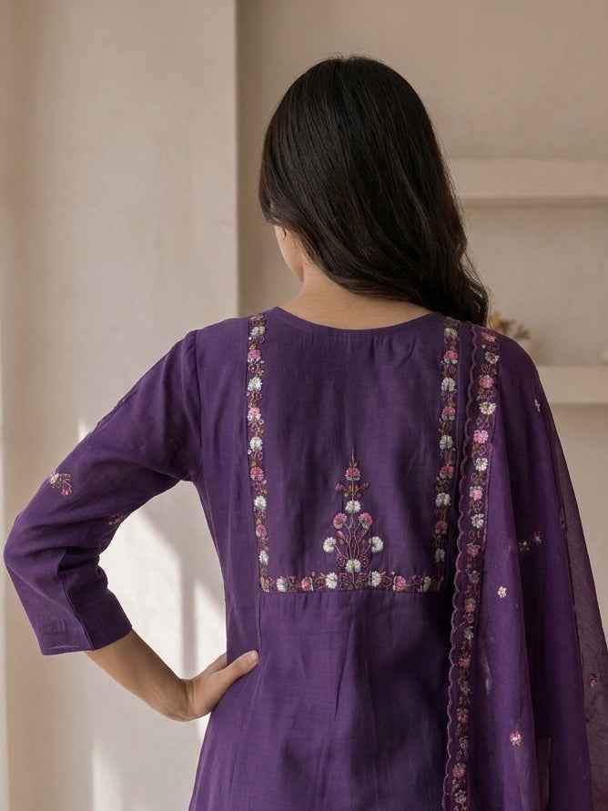 Elegant Deep Purple Embroidered Kurta Pant Set with Dupatta