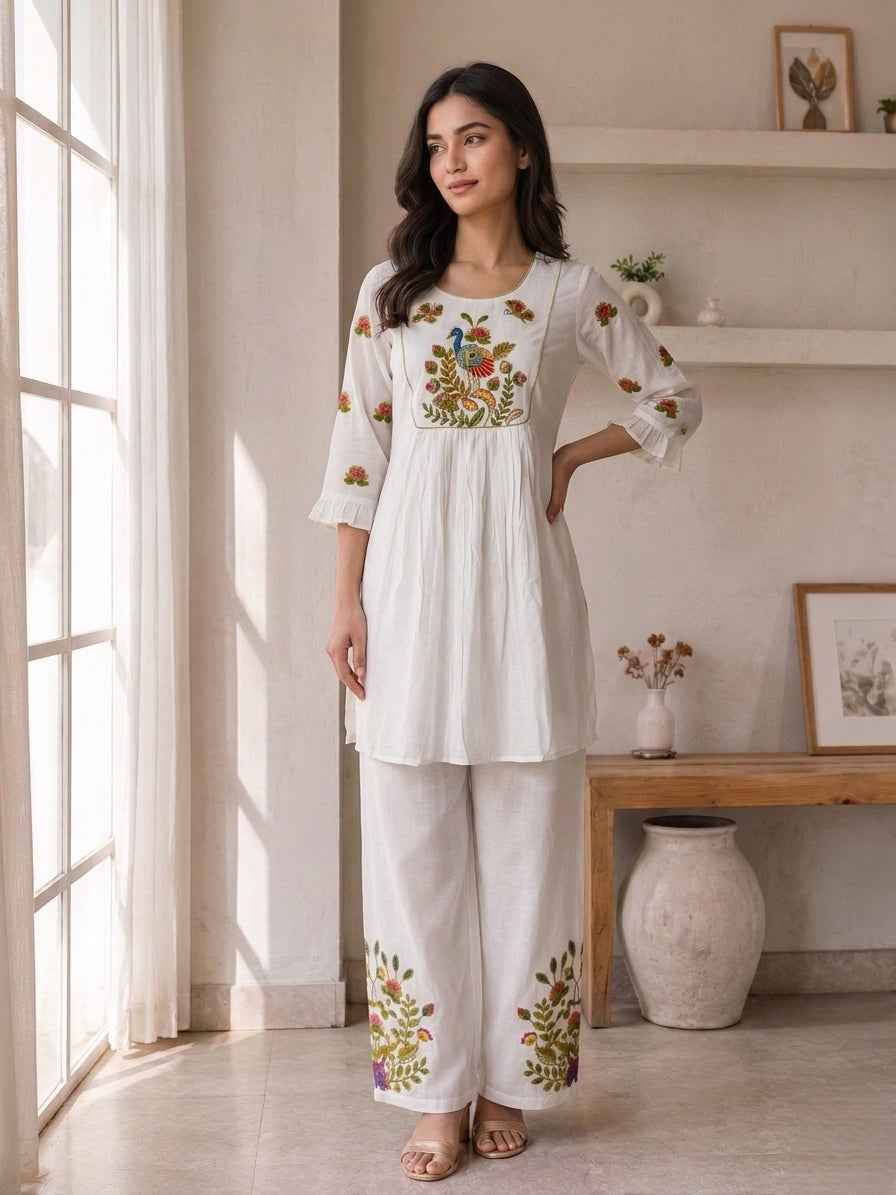 Elegant White Embroidered Kurta Palazzo Set