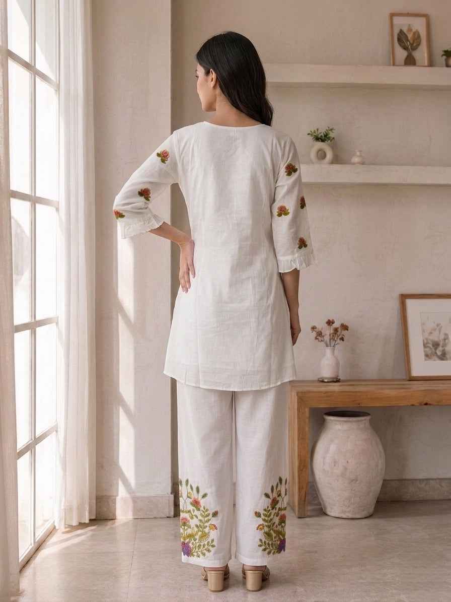 Elegant White Embroidered Kurta Palazzo Set