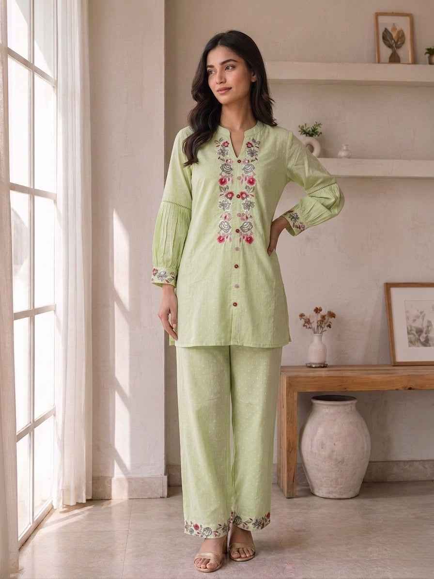 Elegant Mint Green Embroidered Kurta Pant Set