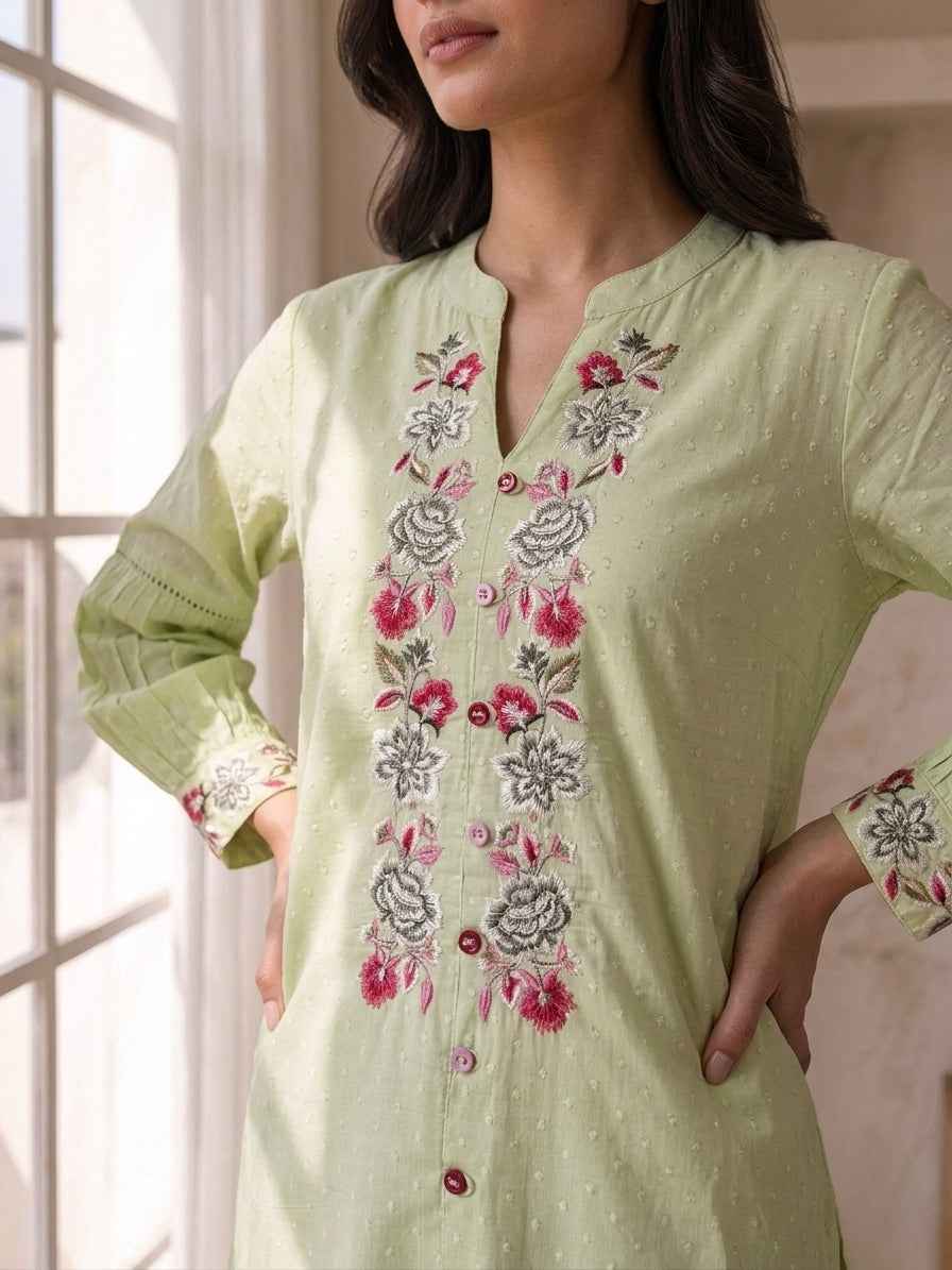 Elegant Mint Green Embroidered Kurta Pant Set