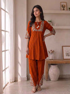 Elegant Rust Orange Embroidered Kurta Pant Set