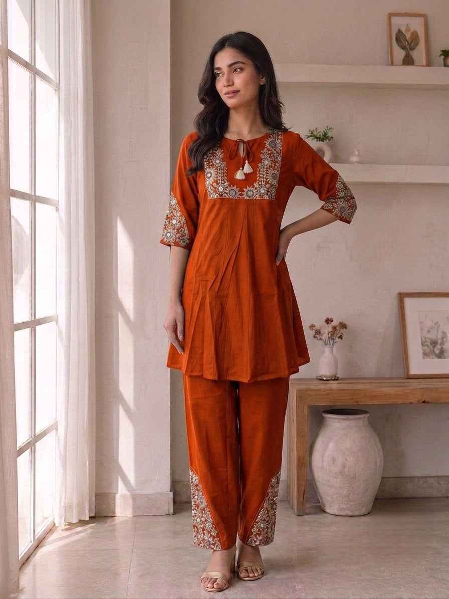 Elegant Rust Orange Embroidered Kurta Pant Set