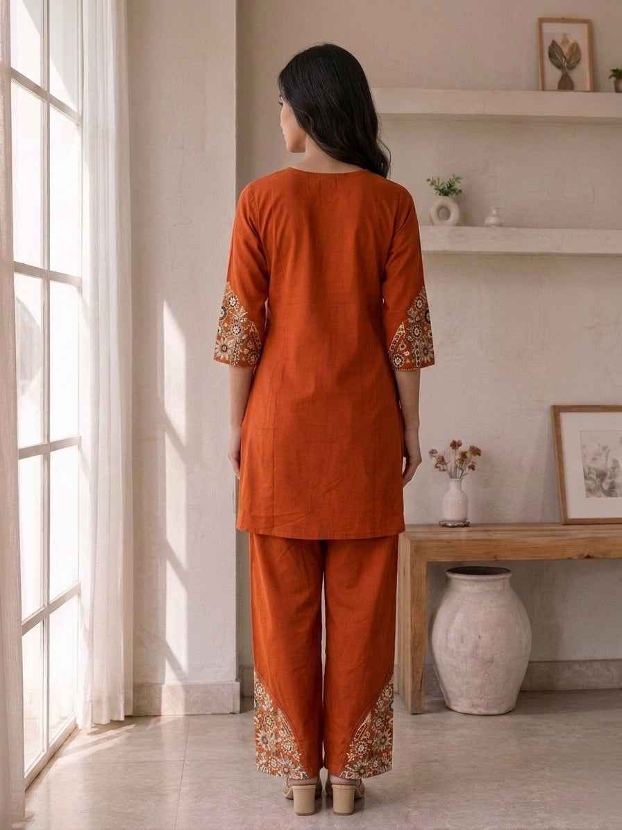Elegant Rust Orange Embroidered Kurta Pant Set