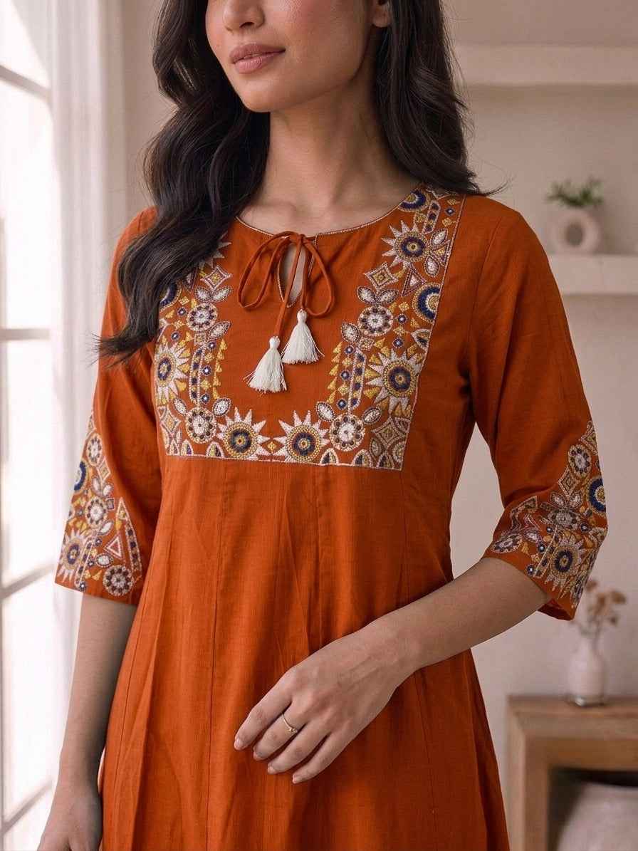 Elegant Rust Orange Embroidered Kurta Pant Set