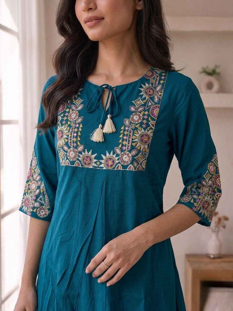 Elegant Teal Blue Embroidered Kurta Pant Set