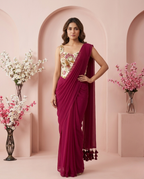 Wine Ready-to-Wear Saree with Floral Embroidered Corset Blouse | Pre-Stitched Designer Party Wear Saree